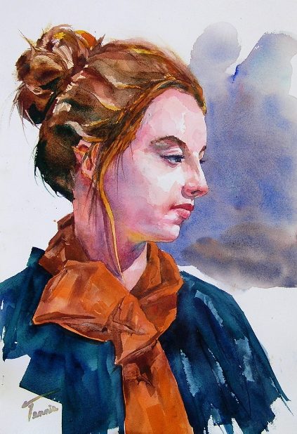 Fine Art Watercolor portrait of a Woman in an Orange Scarf