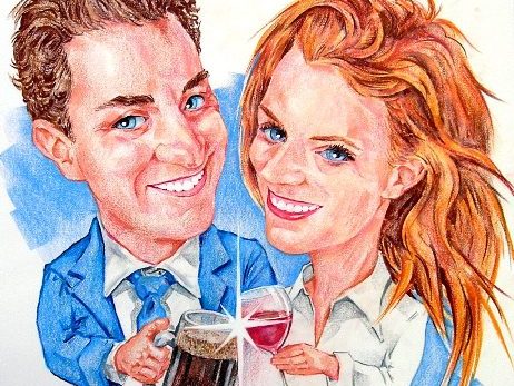 Caricature by Bernie of Couple drinking beer and wine