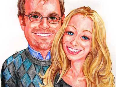 Caricature by Bernie of an engaged couple